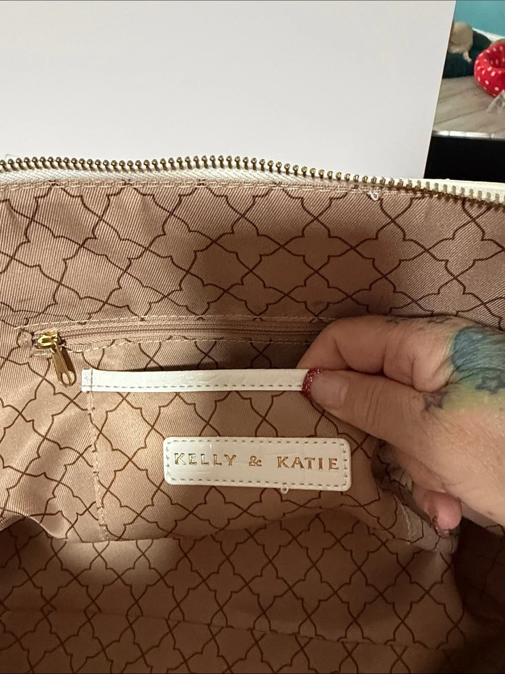 Kelly & Katie White Croc-Embossed Satchel with Tassel and Gold Hardware